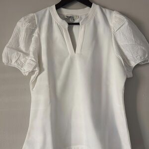Women’s White Puff-Sleeve Split-Neck Top